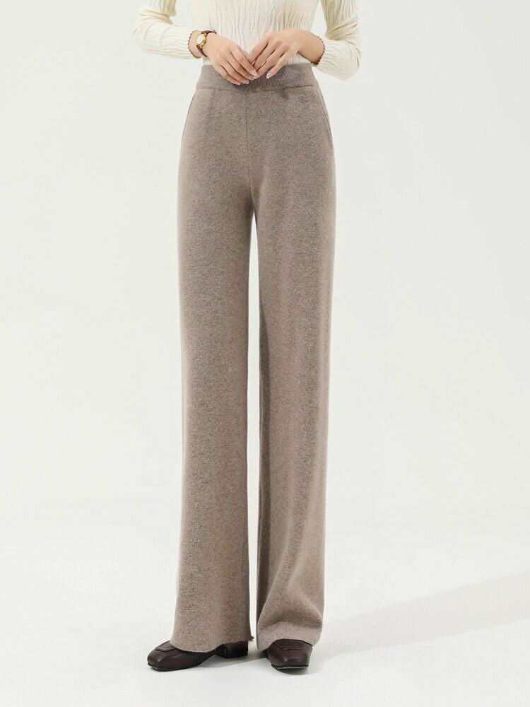 100% Wool Rib Knit Wide Leg Long Trousers Pants
