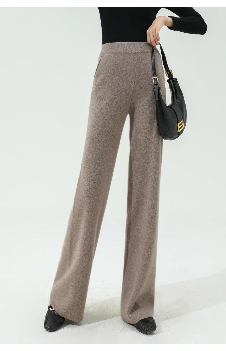 100% Wool Rib Knit Wide Leg Long Trousers Pants