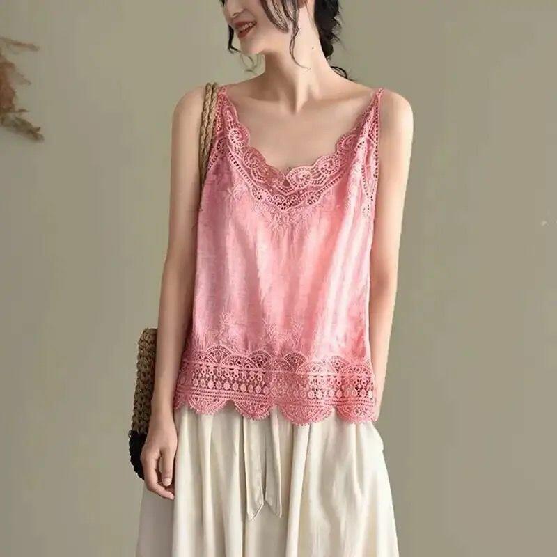 100% Cotton Lace Embroidery Women's Camisole Sleeveless Shirt Tank Top Vest
