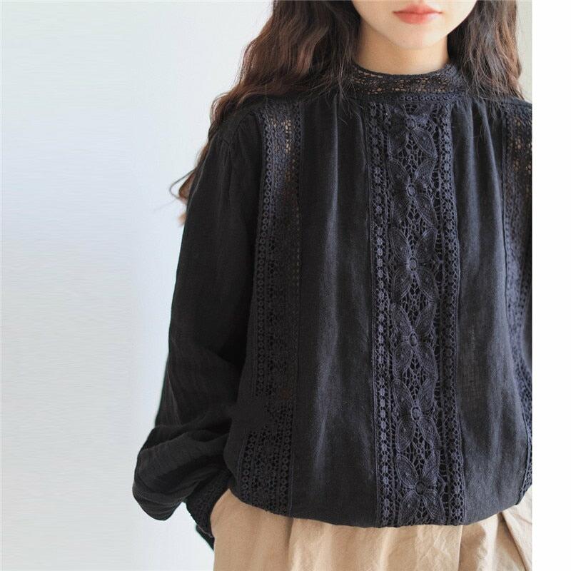 Pure Cotton Lace Embroidery Shirt Blouse Long Sleeves Stand Collar Vintage Victorian Edwardian