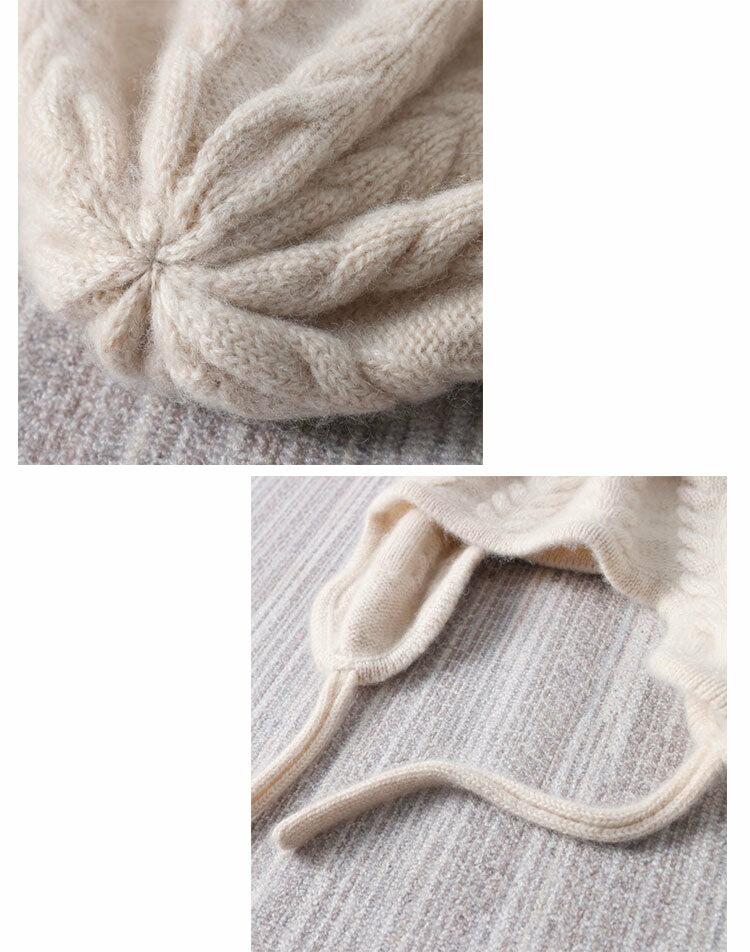 35% Wool 30% Cashmere 35% Viscose Knitted Hat Cable Knit  Earlaps Beanie