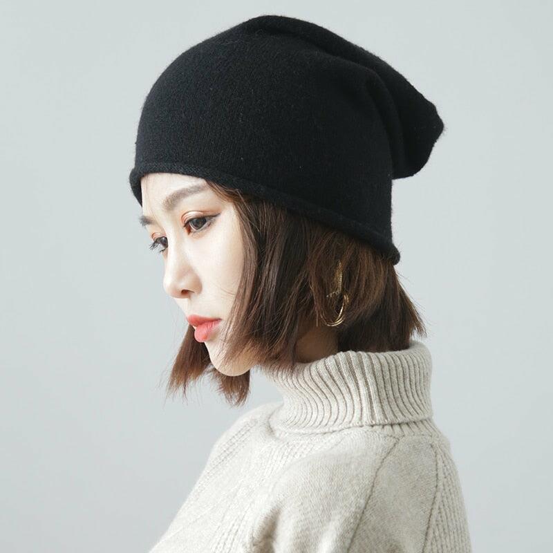 30% Cashmere, 35% Wool, 35% Viscose Knit Hat Beanie Cap Rolled Hem