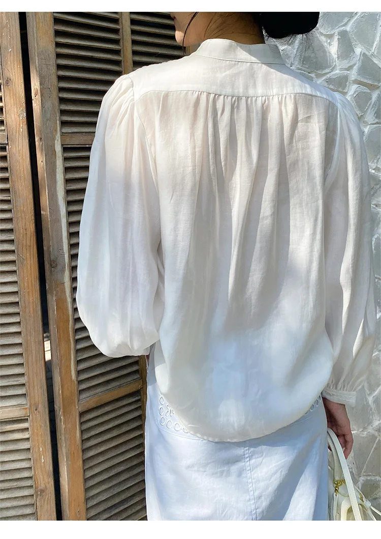 100% Lyocell White Lace Blouse for Ladies, Classical Cut, Long Sleeved