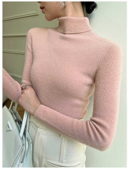 100% Cashmere Women's Turtleneck Rib Knit Pullover, Slim Fit, No-seam