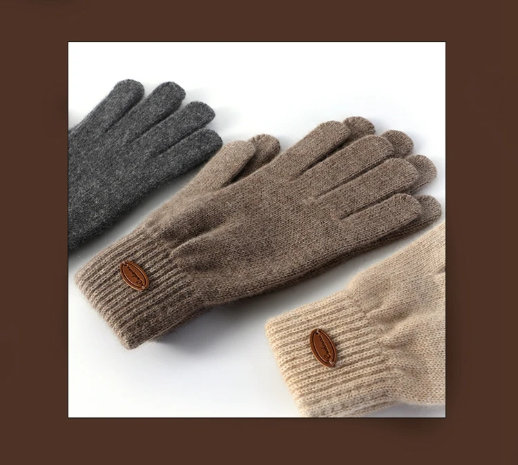 100% Cashmere Wool Ribbed Knitted Gloves with Cuff and Touchscreen Finger
