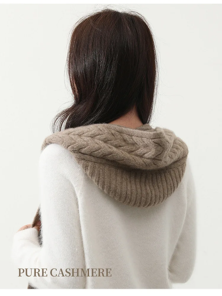 100% Cashmere Wool Knitted Women's Hat and Scarf in One, Rib Knit