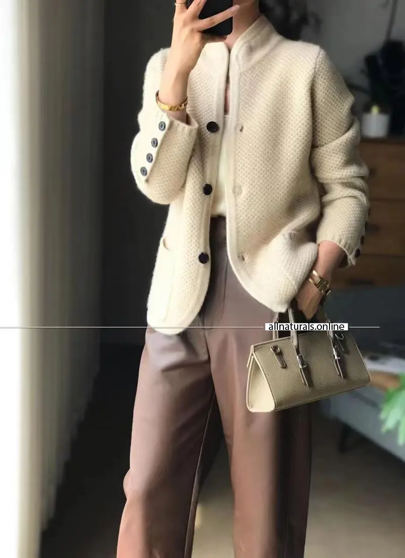 100% Wool Women's Cardigan with Stand Collar, Jacket