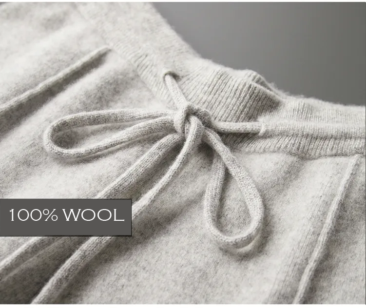100% Wool knitted Men's Trousers, Drawstring Elastic waist,  Slim Fit