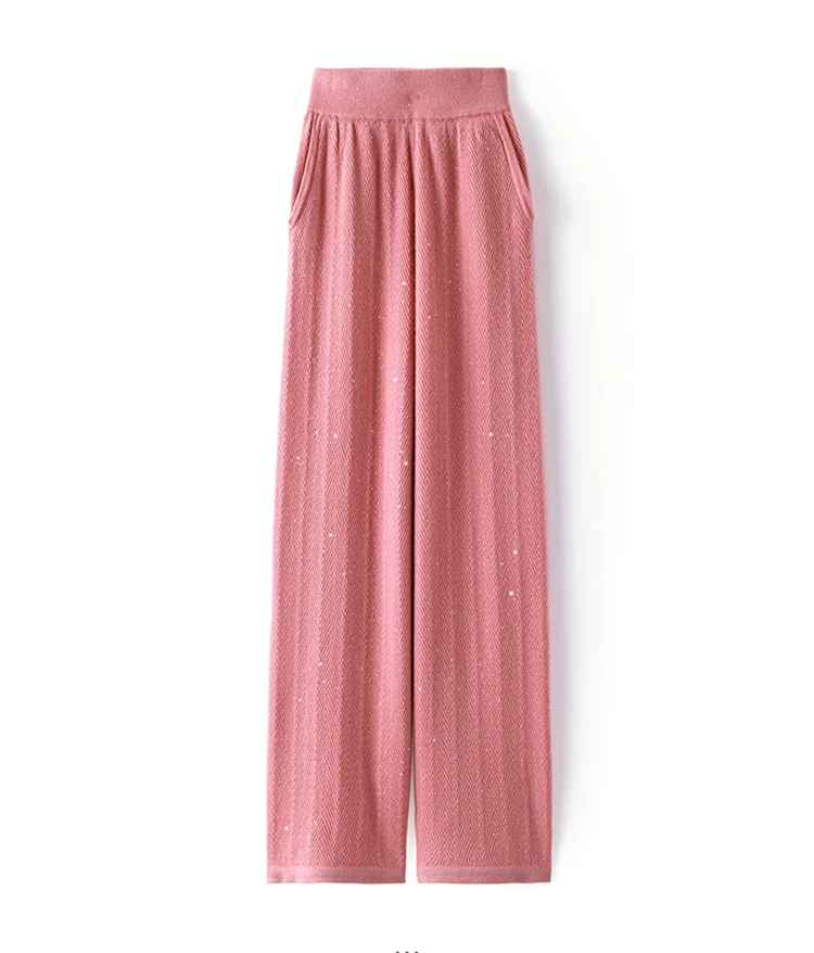 100% Wool Women's Wide Leg Knitted Trousers, Elastic Waist