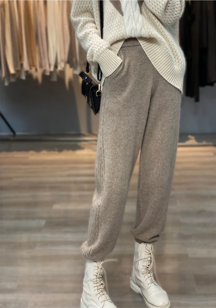 100% Merino Wool Women's Knitted Pants, High Waist Trousers