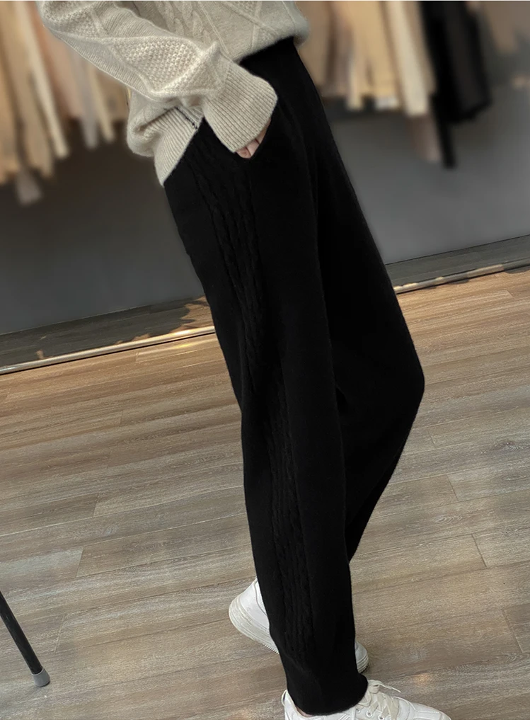 100% Merino Wool Women's Knitted Pants, High Waist Trousers