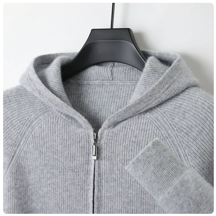 100% Wool Knit Man's Sweater with Zipper, Casual Coat, Hooded Cardigan, Jacket