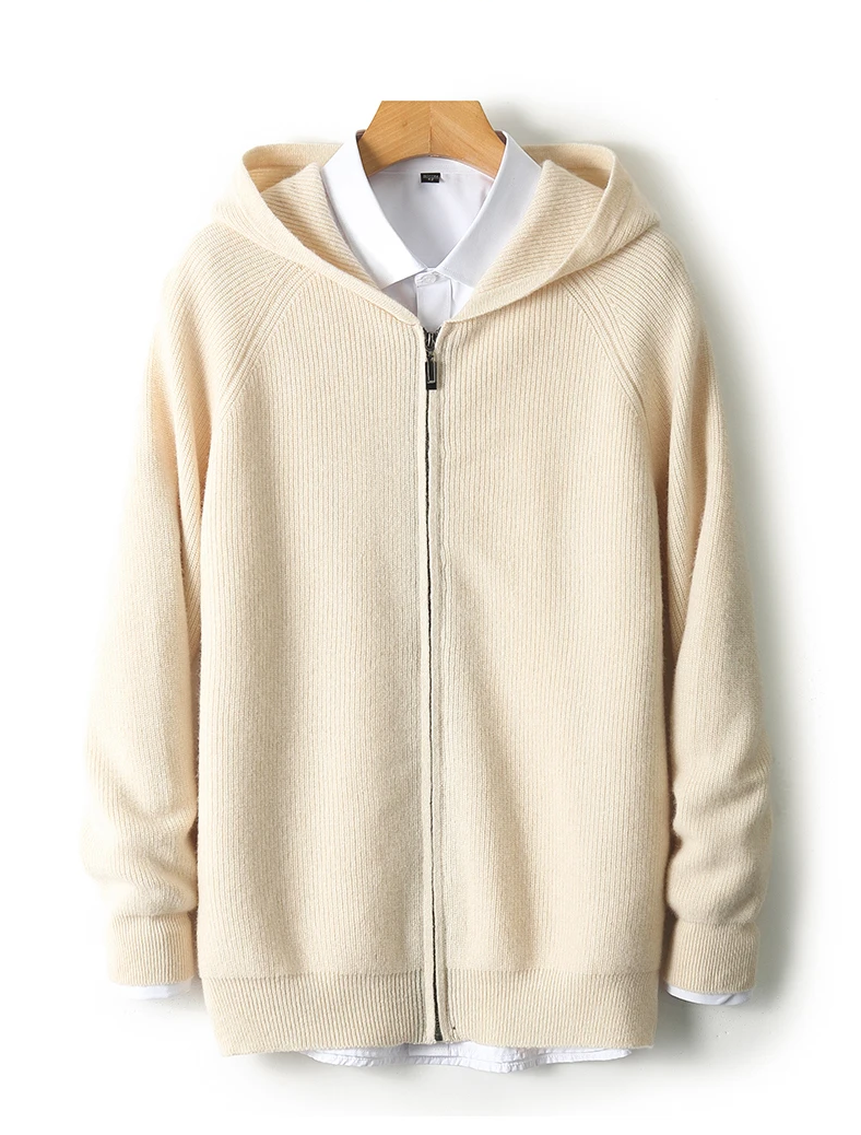 100% Wool Knit Man's Sweater with Zipper, Casual Coat, Hooded Cardigan, Jacket