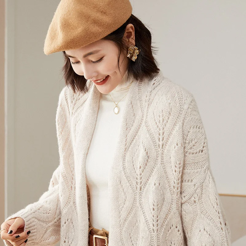 100% Merino Wool Women's Knit Lace Cardigan