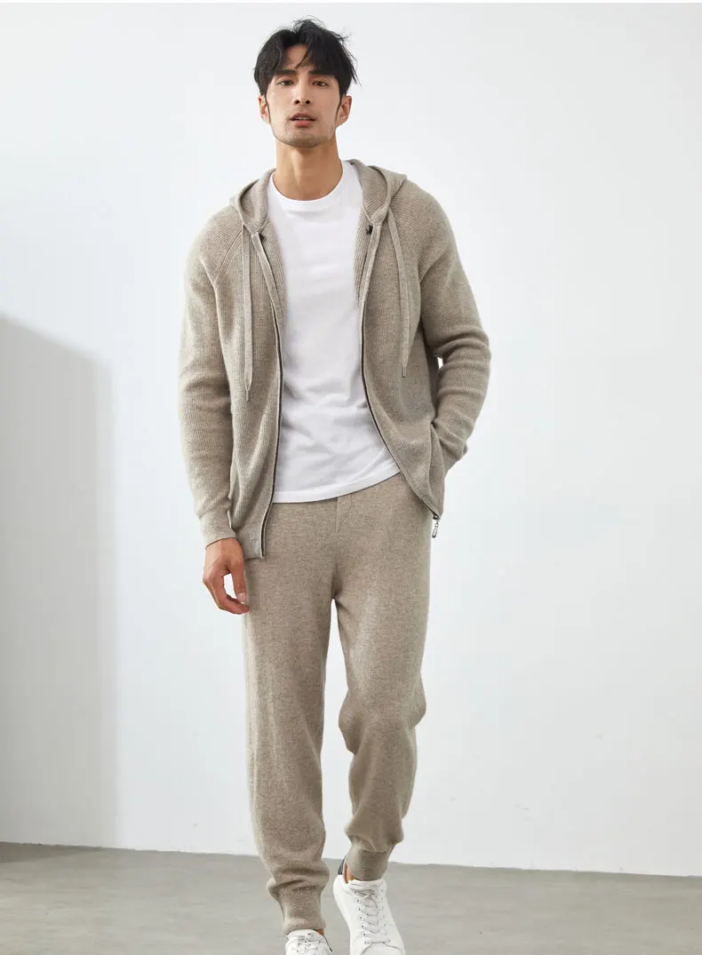 100% Cashmere Coat Men's Hooded Cardigan with Zipper, Casual Knitted Men's Jacket