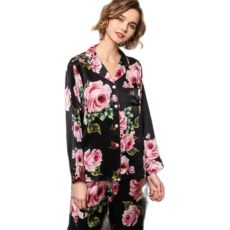 100% Mulberry Silk, Grade 6A 19 MM, Floral Print Satin Women's Pajamas/Pyjamas, Sleepwear, Loungewear