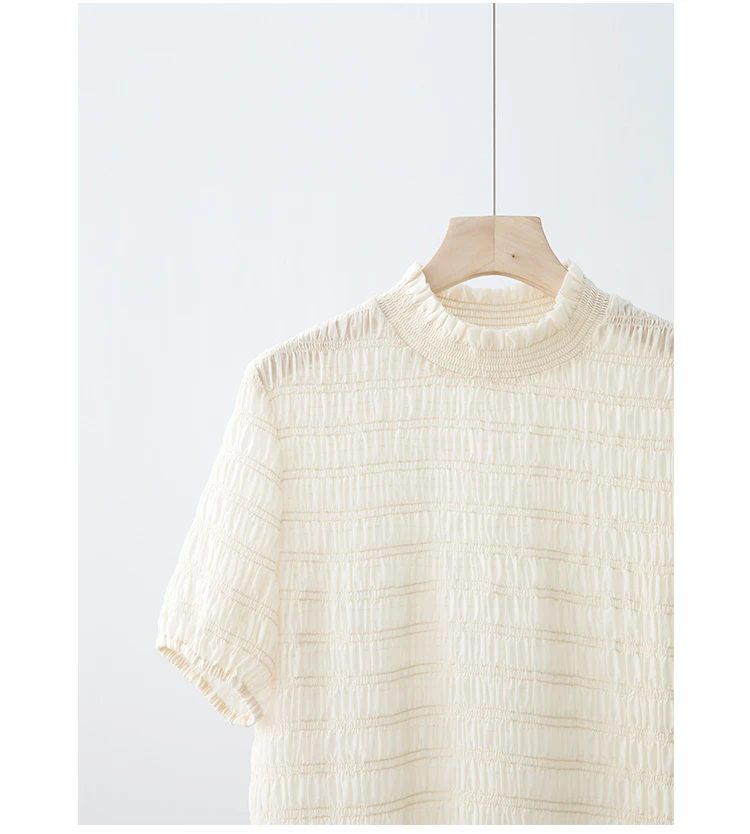 100% Mulberry Silk Women's T-Shirt, Short Sleeve, Round Neck Shirred Top