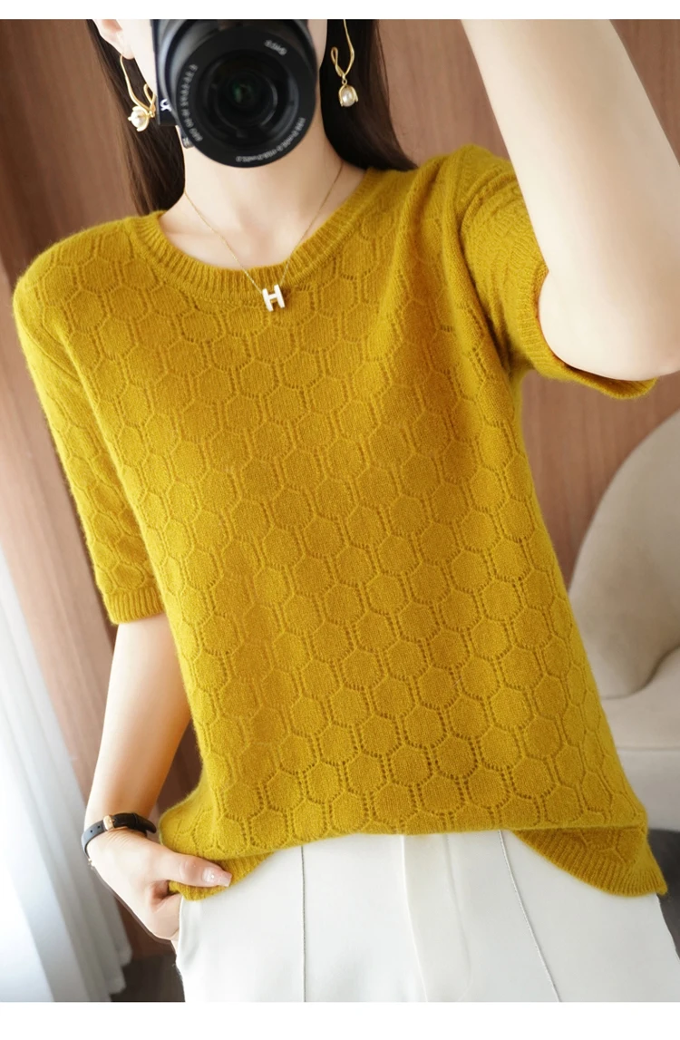 100% Australian Wool Women's Jumper Round Neck Pullover Hollow Out Lace Knit Top