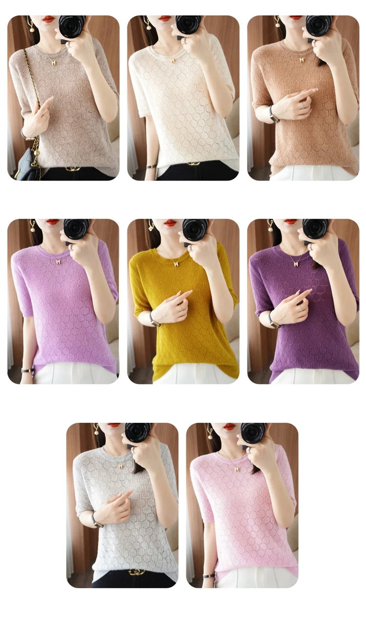 100% Australian Wool Women's Jumper Round Neck Pullover Hollow Out Lace Knit Top