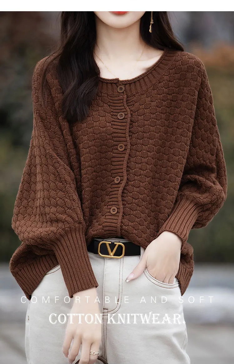 100% Cotton Knitted Top, Jumper, Women's Sweaters, Puff Sleeves and Round Neck Cardigan