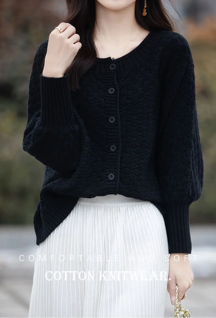 100% Cotton Knitted Top, Jumper, Women's Sweaters, Puff Sleeves and Round Neck Cardigan