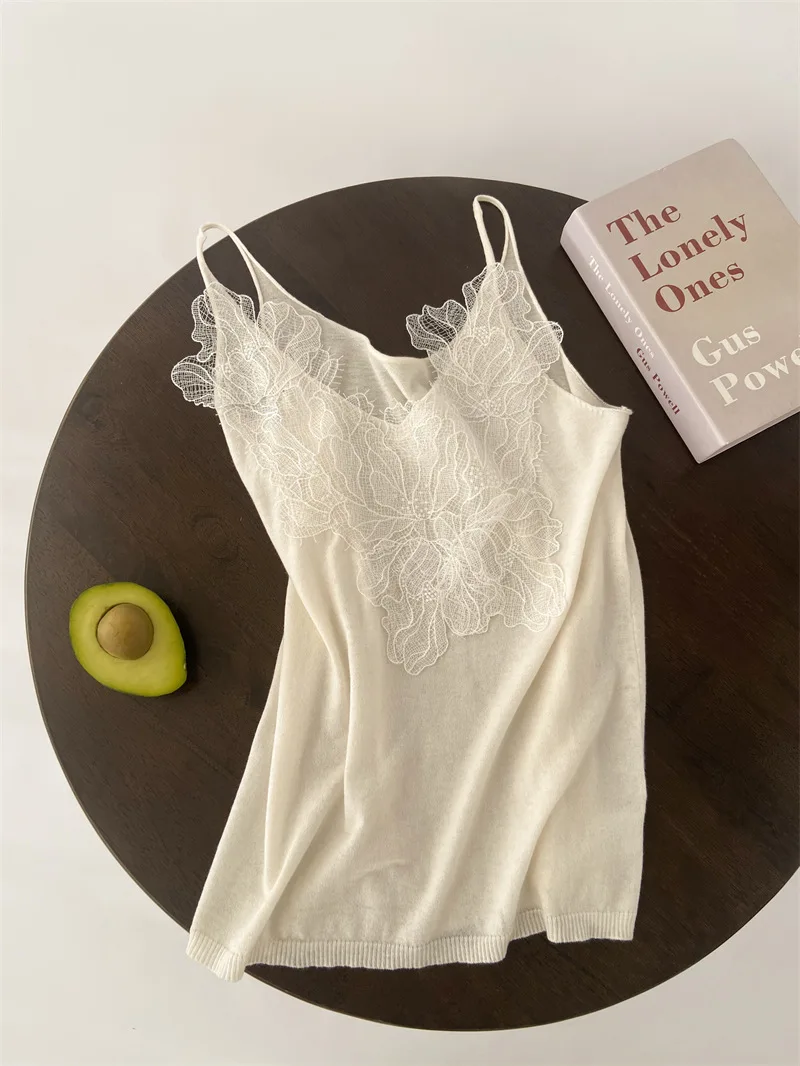 100% Superfine Merino Wool and Lace Knitted V-neck Women's Sling Vest, Camisole