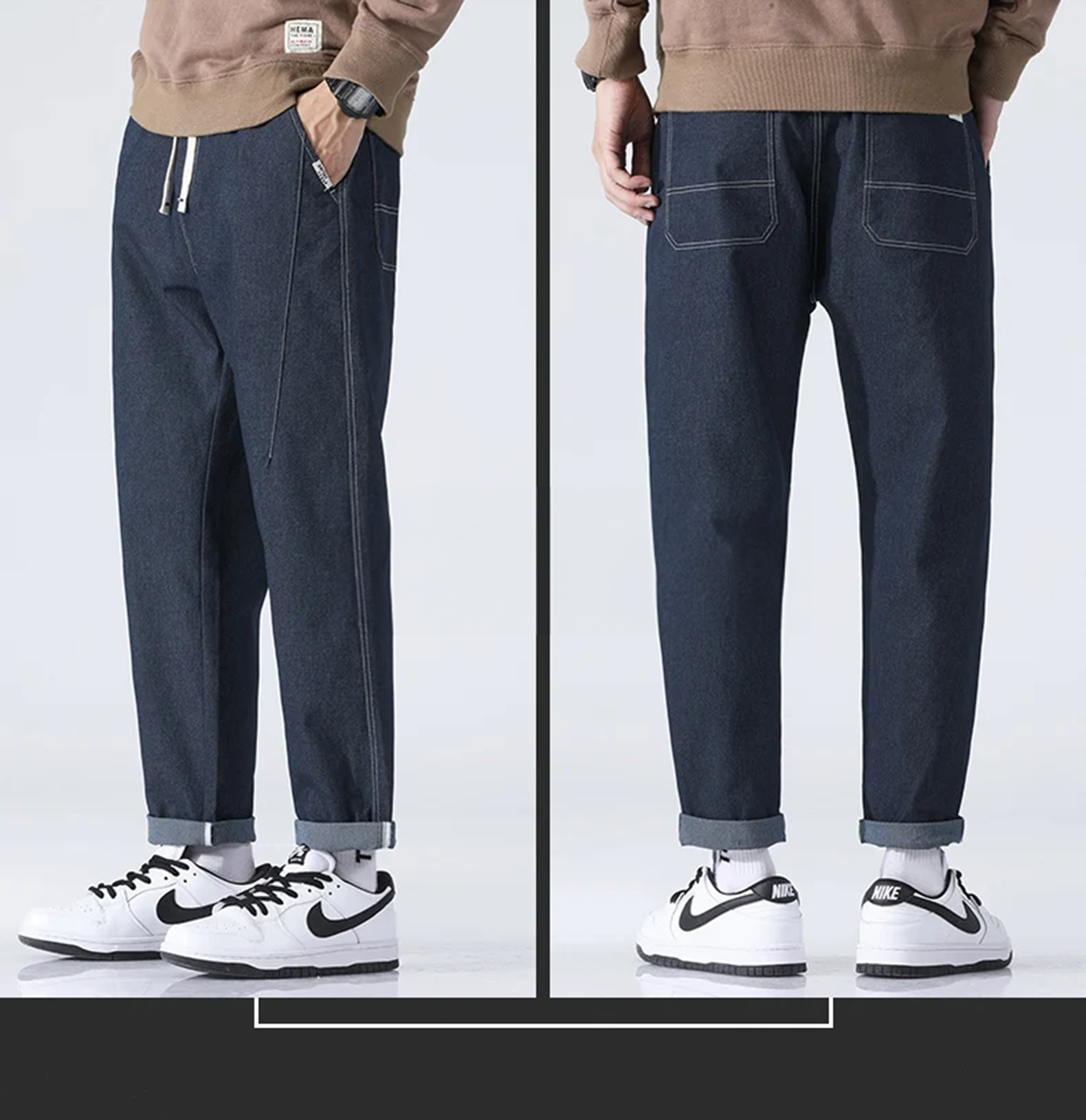 100% Cotton Men's Baggy Jeans, Classic Straight Denim Pants, Loose Trousers