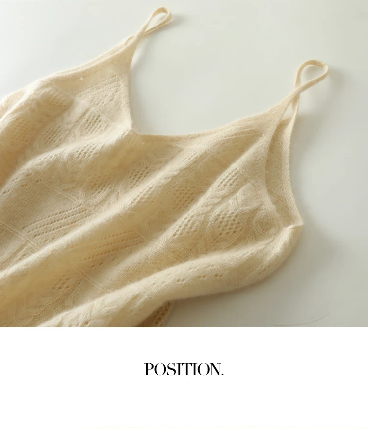 100% Cashmere Wool Seamless Vest, Lace Knit Women's Top