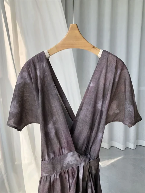 100% Ramie Vintage Maxi Wrap Dress, V-Neck, Long Robe (660)