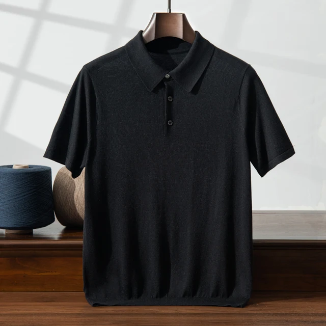 85% Mulberry Silk 15% Cashmere Wool Men's T-shirts, Thin Pullover, Short Sleeved Knit Top with Polo Collar (690)