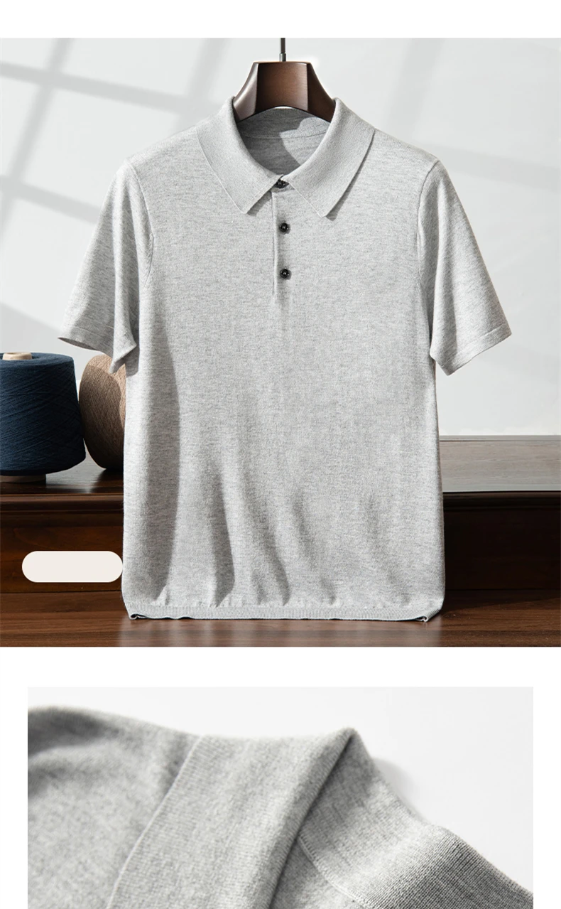 85% Mulberry Silk 15% Cashmere Wool Men's T-shirts, Thin Pullover, Short Sleeved Knit Top with Polo Collar (690)