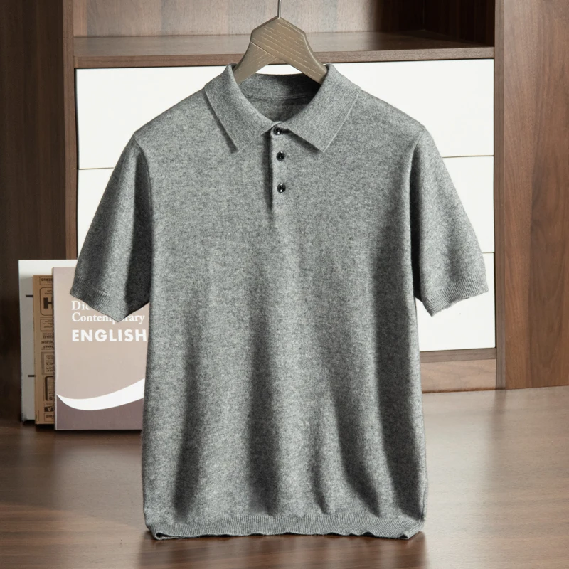 100% Cashmere Men's T-shirts, Thin Pullover, Short Sleeved Knit Top with Polo Collar (691)