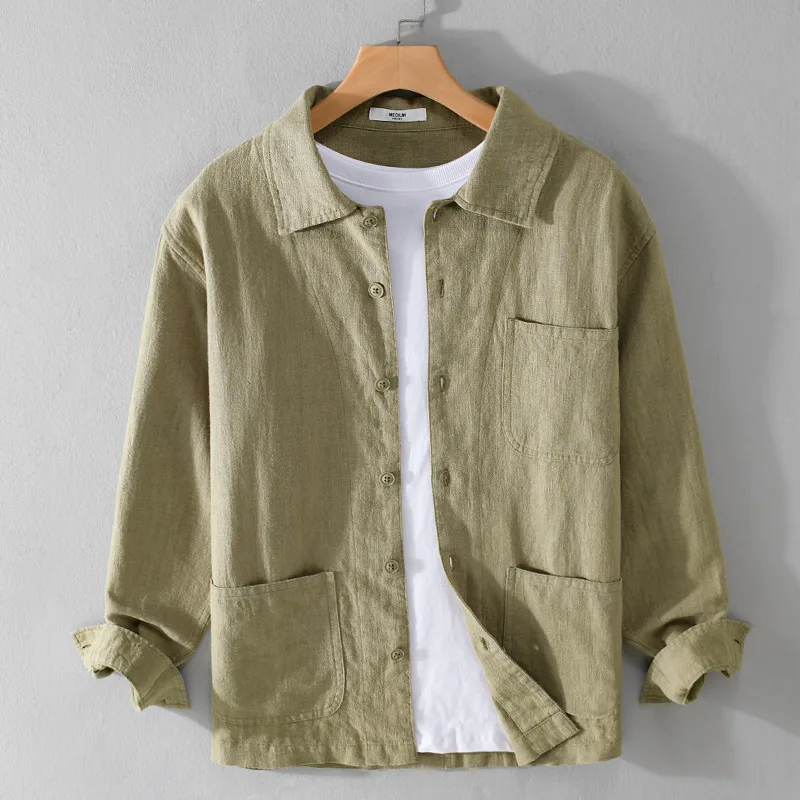70% Ramie 30% Cotton Men's Shirt, Casual Long Sleeved Jacket, Outerwear (749a)