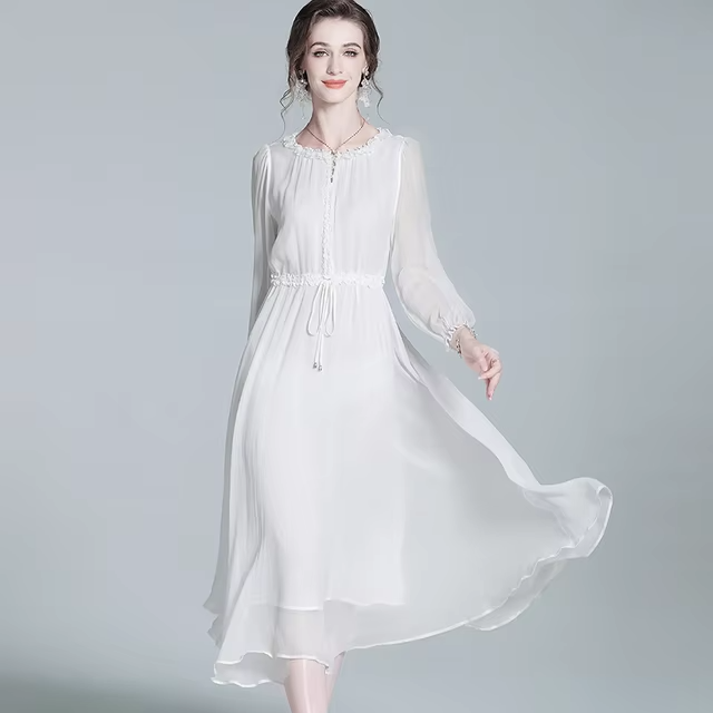 100% Mulberry Silk (6A Grade) White Maxi Dress (225)