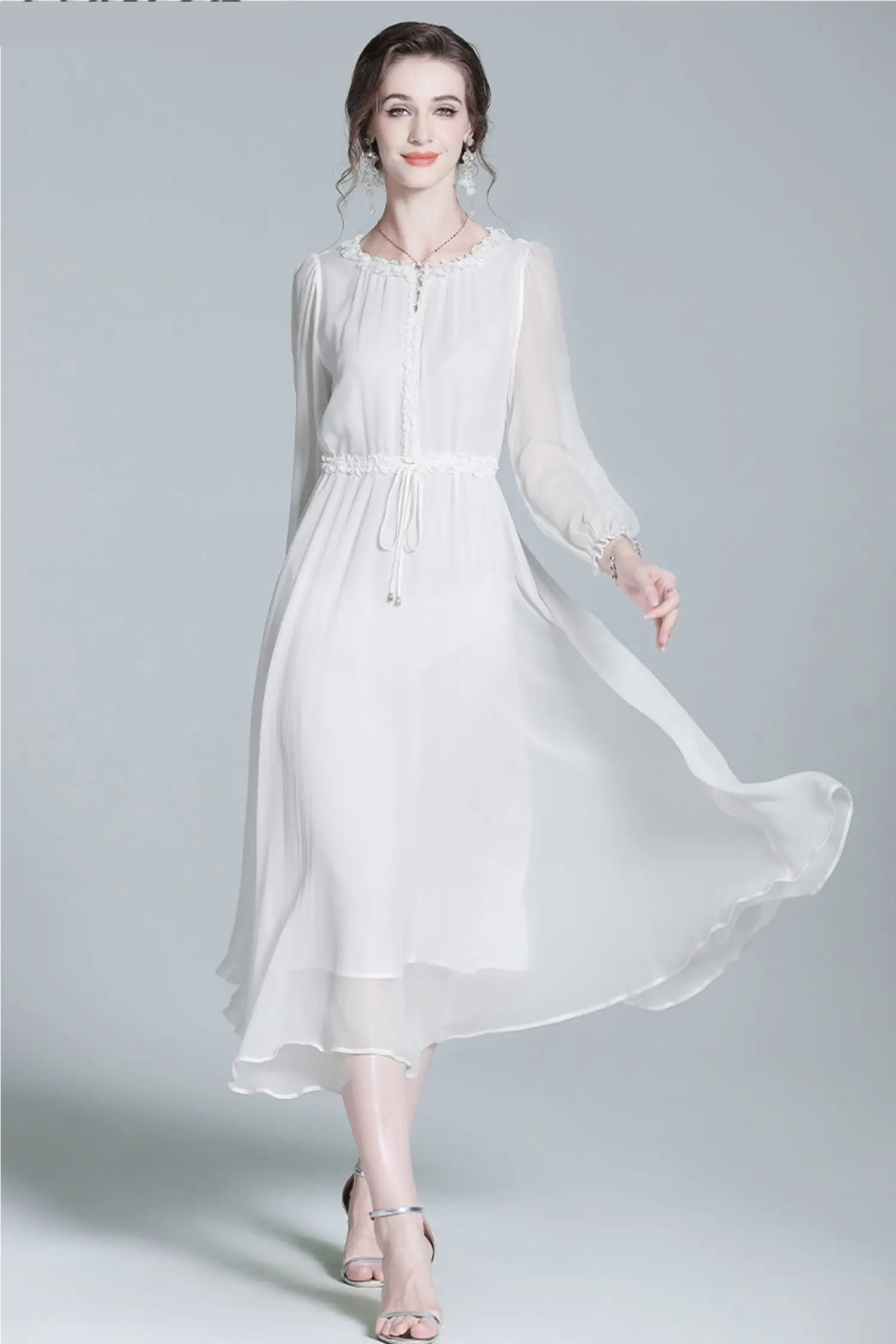 100% Mulberry Silk (6A Grade) White Maxi Dress (225)