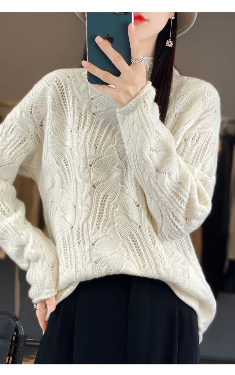100% Australian Wool Sweater, Thin Exquisite Style, Lace Knit Women's Top (11)