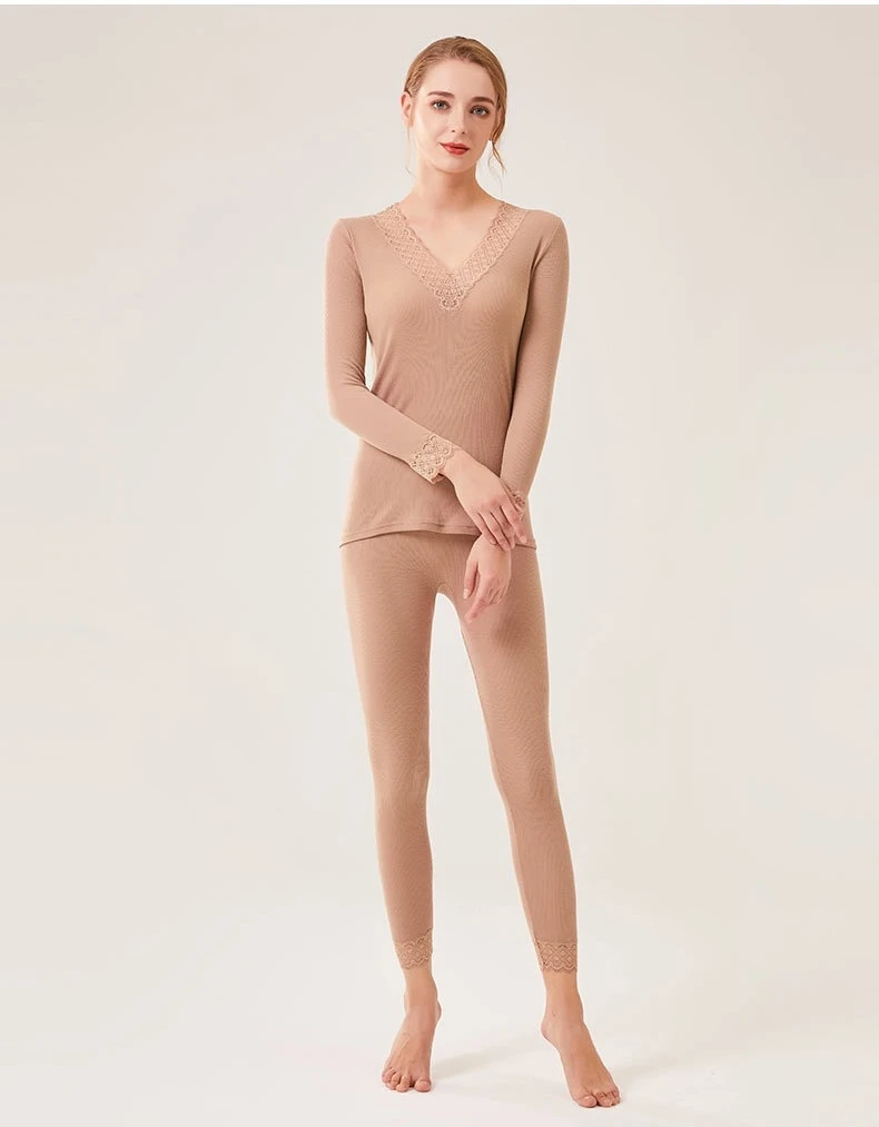 82% Wool 18% Mulberry Silk Lace V-neck Rib Knit Women's Thermal Set, Underwear (82)