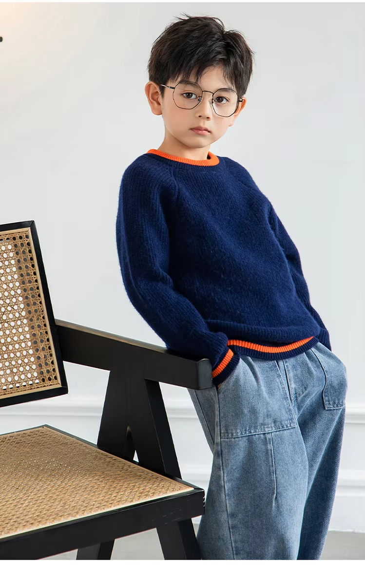 100% Wool Round Neck Pullover, Children's Boys And Girls Sweater, 7 needles Knitted Top (295)