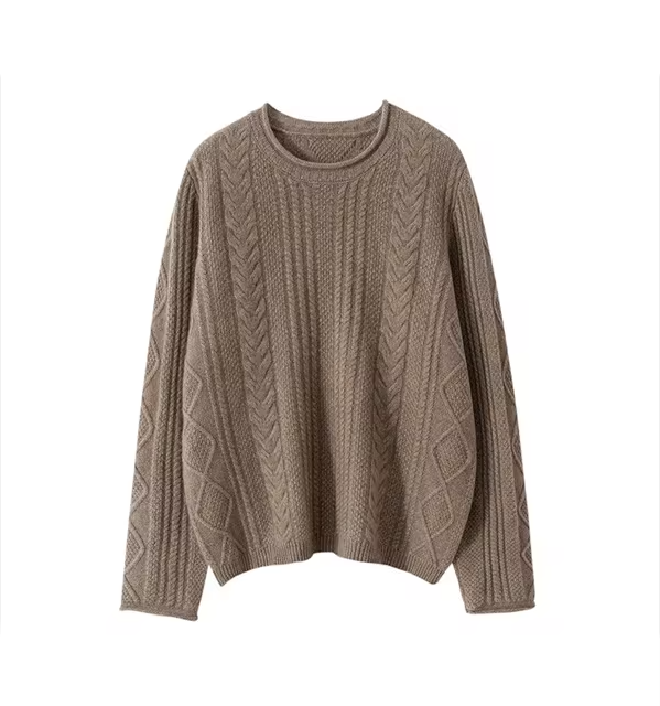 100% Cashmere Wool Unisex Sweaters, Cable Knit, Round Neck Top (17)