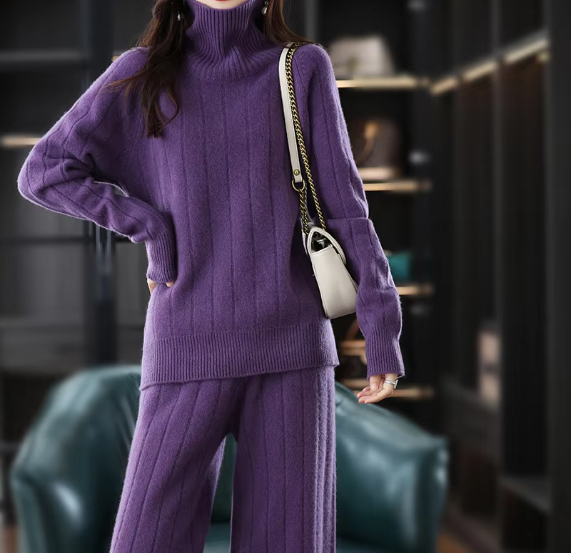 100% Wool Suit For Women/Girls, Turtle Neck Top and Wide-Leg Pants (22)