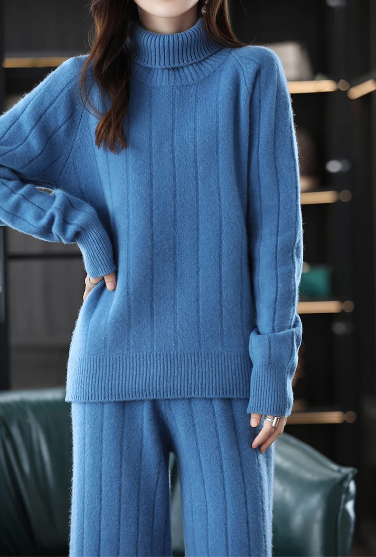 100% Wool Suit For Women/Girls, Turtle Neck Top and Wide-Leg Pants (22)