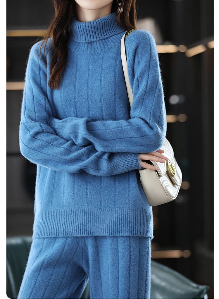 100% Wool Suit For Women/Girls, Turtle Neck Top and Wide-Leg Pants (22)