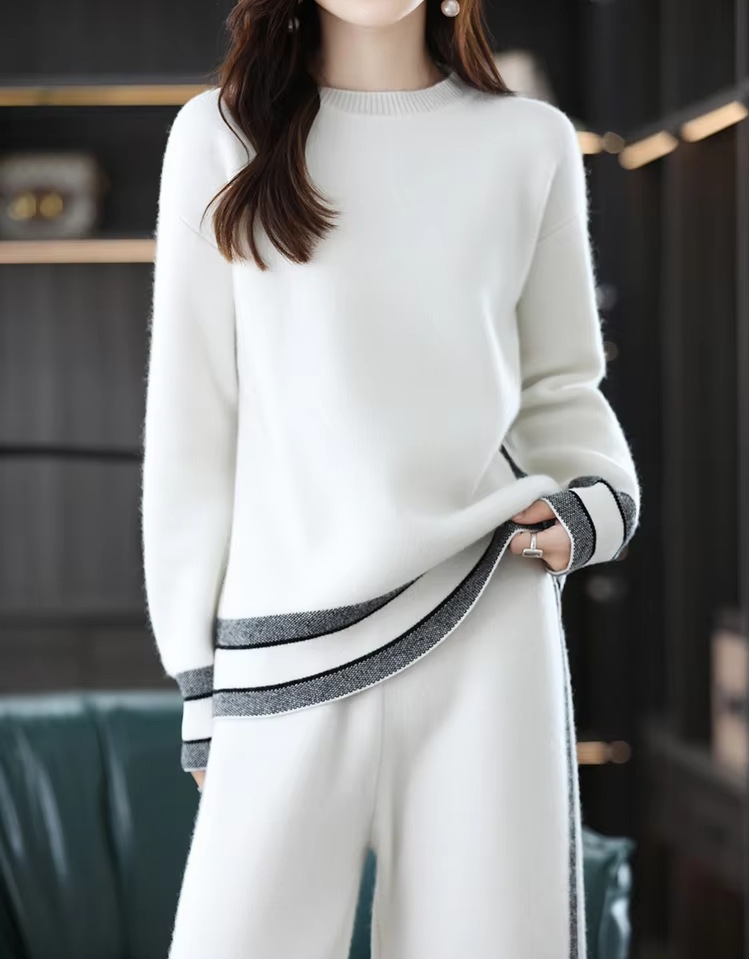 100% Wool Suit For Women, Round Neck Top and Wide Leg Trousers, Knitwear (22a)