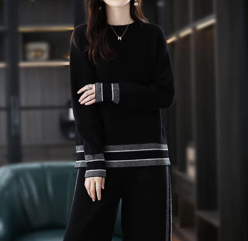 100% Wool Suit For Women, Round Neck Top and Wide Leg Trousers, Knitwear (22a)