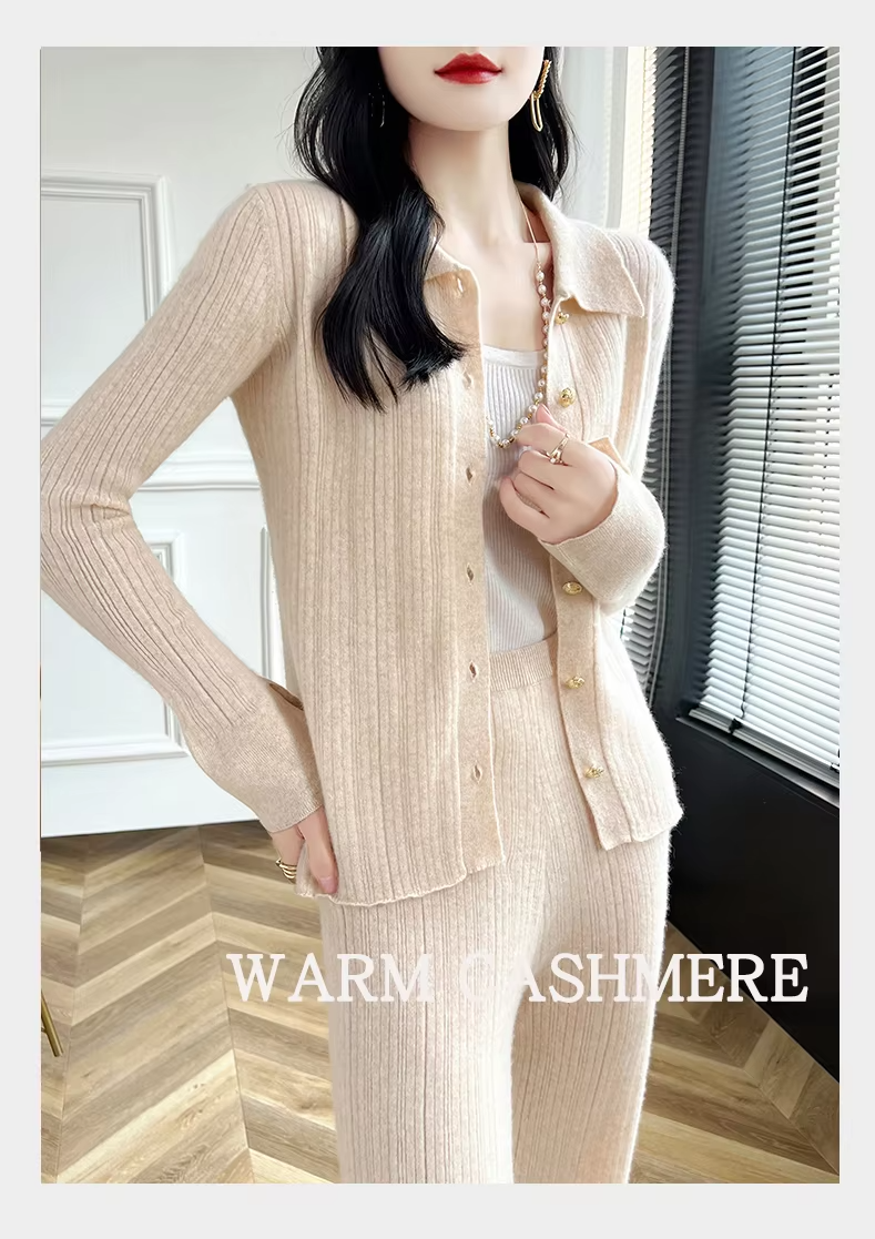 100% Wool Suit For Women, Turn Down Collar Cardigan and Wide-Leg Pants, Knitwear (22b)