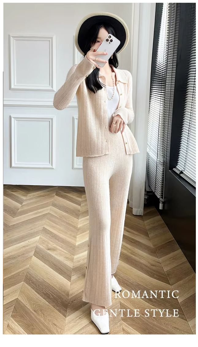 100% Wool Suit For Women, Turn Down Collar Cardigan and Wide-Leg Pants, Knitwear (22b)