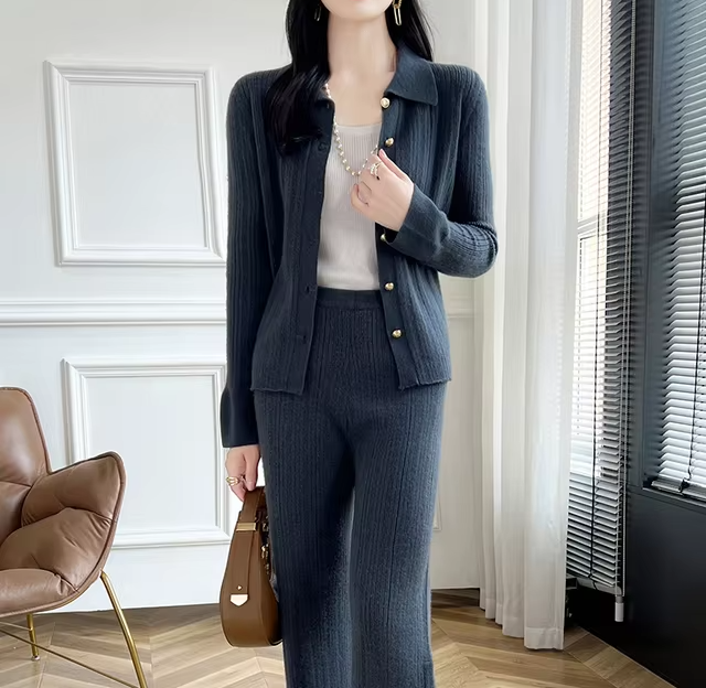 100% Wool Suit For Women, Turn Down Collar Cardigan and Wide-Leg Pants, Knitwear (22b)