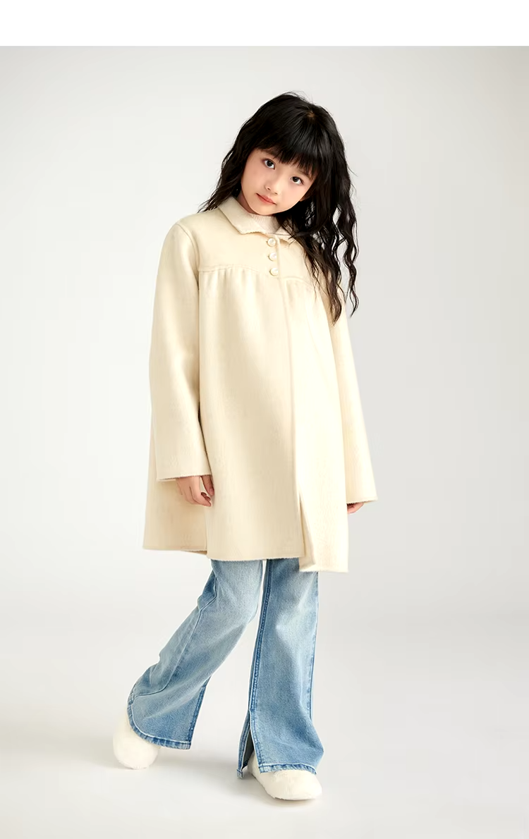 100% Wool Coat for Girls, Double Sided, Long Sleeve and Turn Down Collar Coat, Children's Outerwear for 7-12 Years Old (44)
