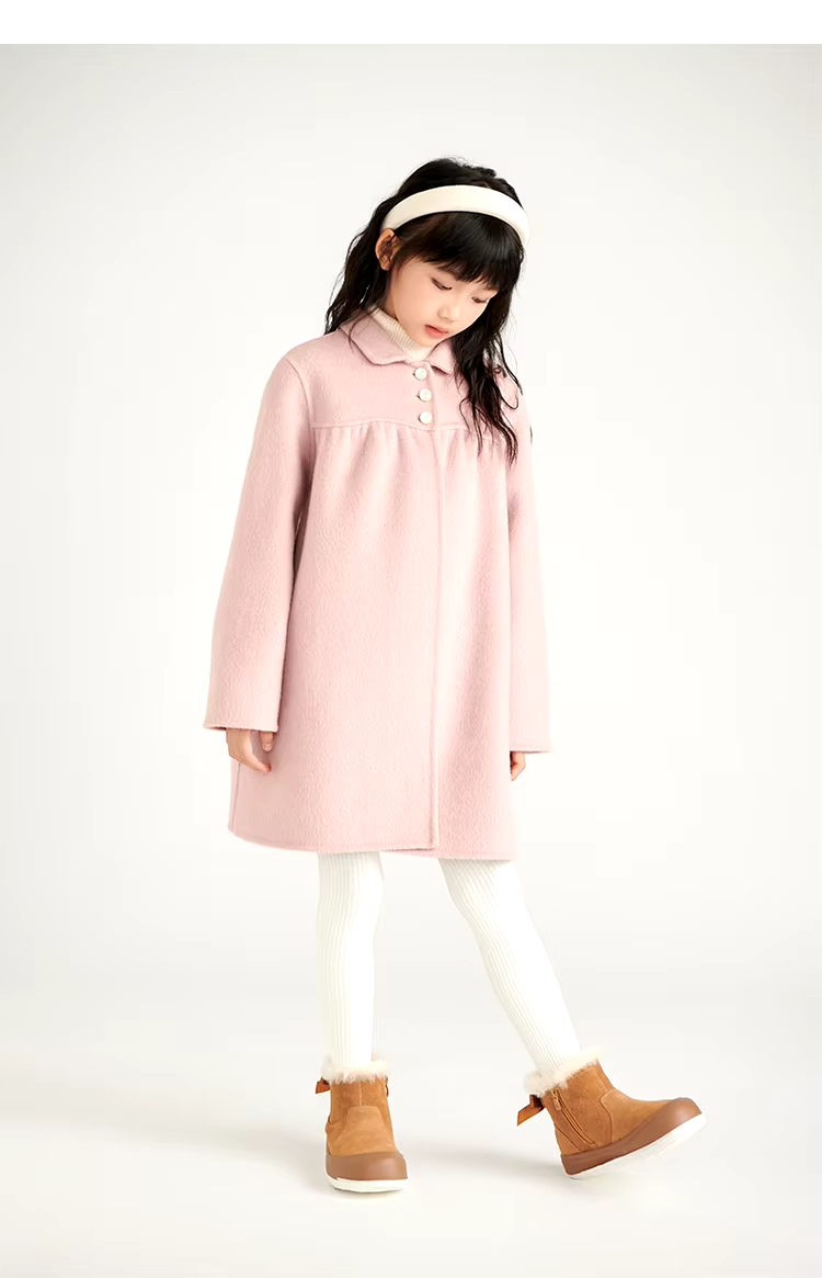 100% Wool Coat for Girls, Double Sided, Long Sleeve and Turn Down Collar Coat, Children's Outerwear for 7-12 Years Old (44)