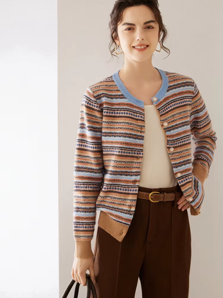 100% Cashmere Wool Women's Jacquard Knit Cardigan, Round Neck Vintage Style Top, Knitwear (202)